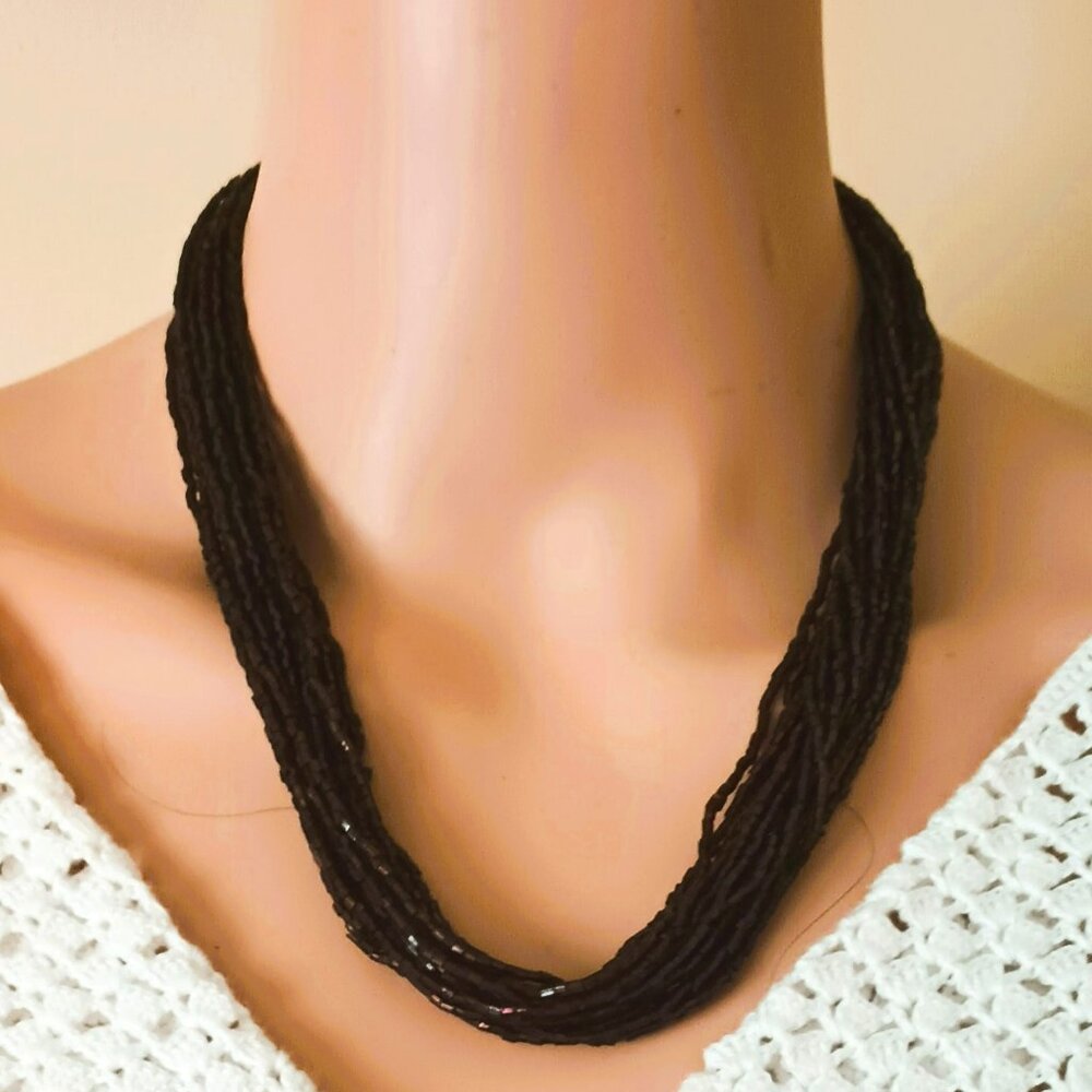 Multi-Strand Tube Bead Necklace 18" Chunky Dark Brown Glass Bead Gold Tone